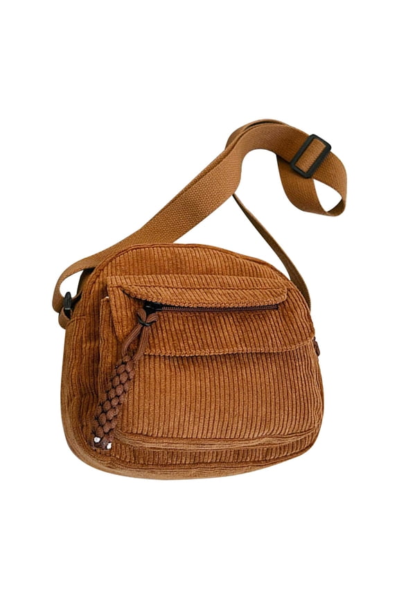 Corduroy Shoulder Bag for Women, Fashionable Solid Color Crossbody Purse with Zipper, Casual Cloth Bag with Campus Style, Small Handbag, Brown