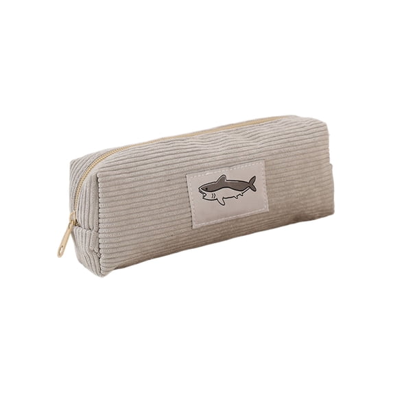 Btomtd Corduroy Zipper Pencil Pouch with Shark Patch, Multi Purpose Pencil Bag for Cosmetics and Stationery, Large Capacity Pencil Case, Gray