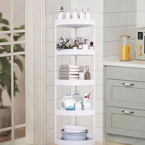Btomtd Corner Floor Storage Rack for Toilet, Tripod Bathroom Shelving Unit, Kitchen Crevice Organizer Shelf Rack for Household Use 14"W x 14"D x 43"H, 5-Tier, White