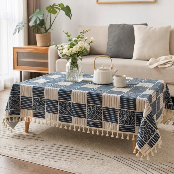 Btomtd Cotton Linen Tablecloth, 40" x 60" Tassel Rectangular Boho Style Table Cover, Washable Decorative Table Cloth for Dining Coffee Kitchen Home, C