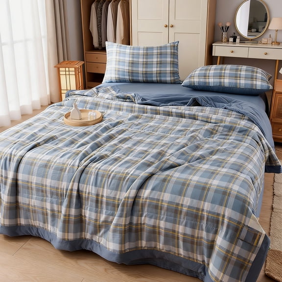 Btomtd Cotton Plaid Summer Cooling Blanket, Machine Washable Thin Bed Quilt, Lightweight Comforter for Bedroom & Air‑Conditioned Rooms, 59" x 79" (Light Blue)