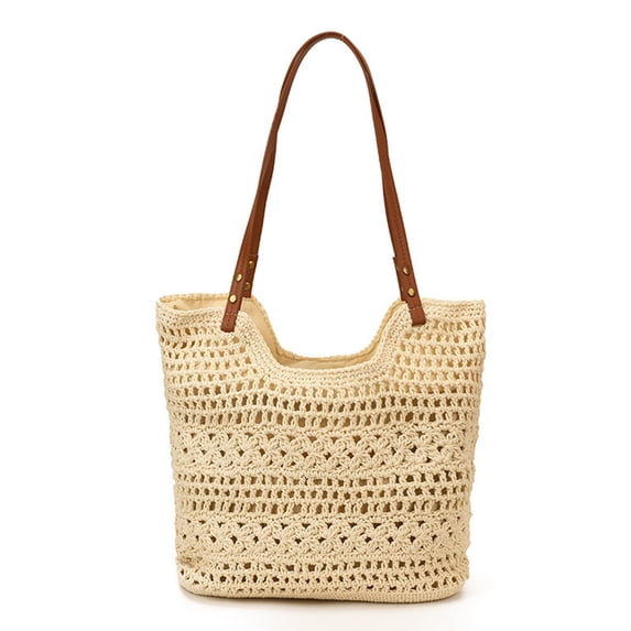 Btomtd Crochet Cotton Mesh Shoulder Tote Bag, Summer Handmade Woven Beach Bag, Handbag Purses for Women, Beige