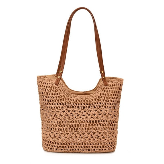Btomtd Crochet Cotton Mesh Shoulder Tote Bag, Summer Handmade Woven Beach Bag, Handbag Purses for Women, Khaki