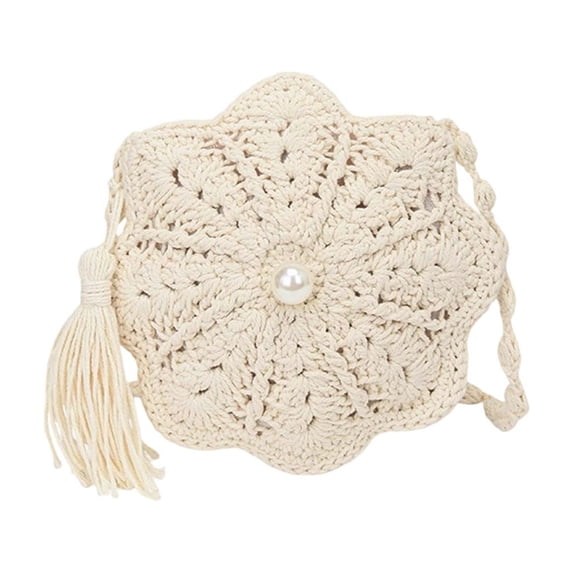 Btomtd Crochet Flower Crossbody Bags for Women, Small Handmade Shoulder Bag with Pearl Tassel, Travel Purse, White
