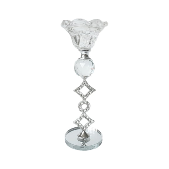 Btomtd Crystal Glass Candle Holder with Flower, Christmas Centerpiece for Dining Table and Mantle, Festive Home Decor and Wedding Candlestick Holders, 2.4"x2.4"x5.5", Silver