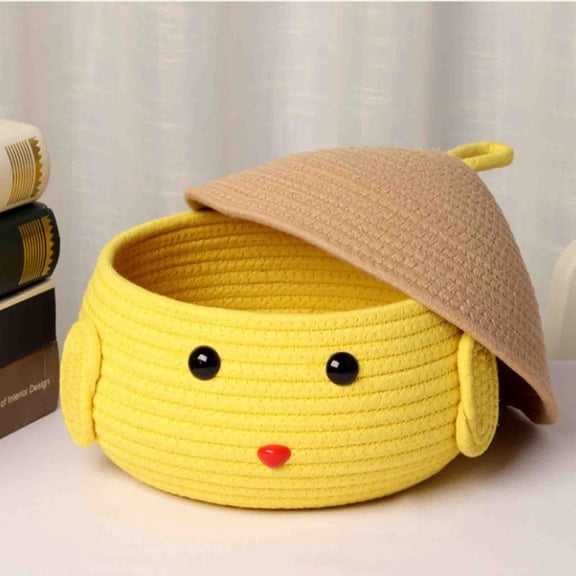 Btomtd Cute Chick Shape Round Rope Woven Storage Basket with Lid, 9"D x 9"W x 5.3"H, Desktop Organizer Box for Office and Home (Yellow)