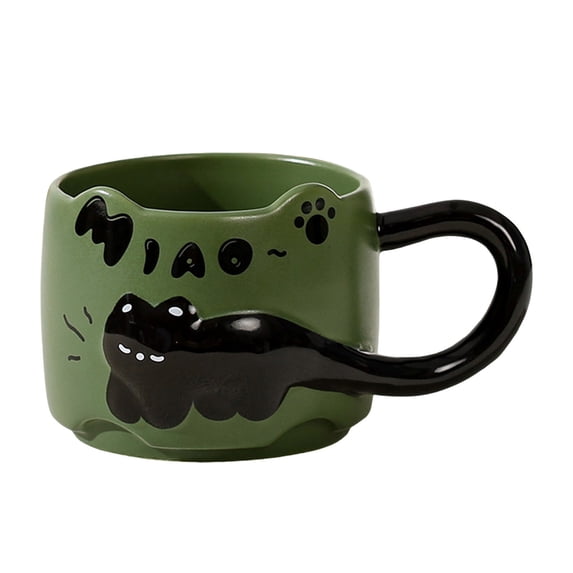 Btomtd Cute Stacking Cat Pattern Ceramic Mug, 10oz Relief Coffee Cups with Large Handle and English Letter Print for Coffee and Drinks, Green