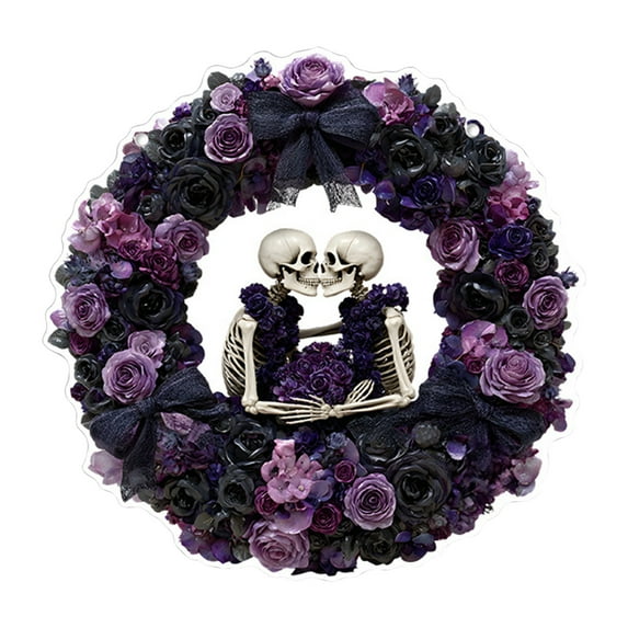 Btomtd Diameter 8" Pumpkin Skull Wreath Halloween Decor Acrylic Round Disk Hanging Ornament with Garland for Front Door Window, B