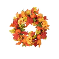 Btomtd Diameter 18" Artificial Pumpkin Maple Leaf Wreath Thanksgiving Halloween Wall Door Hanging Garland Decor Fall Decoration, Orange