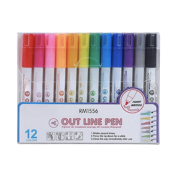 Btomtd Double Line Contour Marker Pens 12 Count, Water-Based Metal Markers for Document Annotation and Planner Use, Multicolor