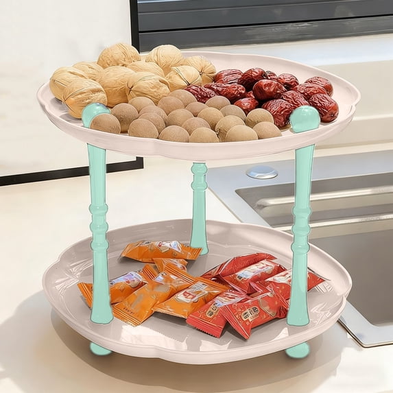 Btomtd Double Tiers Round Fruit and Candy Plates Shelf, Living Room Snack Serving Plates with Storage, Home Dessert Plates Storage Rack 10"W x 10"D x 9"H, Pink