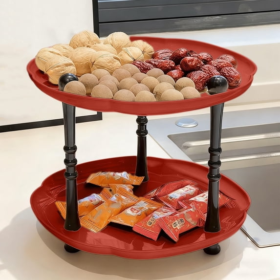 Btomtd Double Tiers Round Fruit and Candy Plates Shelf, Living Room Snack Serving Plates with Storage, Home Dessert Plates Storage Rack 10"W x 10"D x 9"H, Red