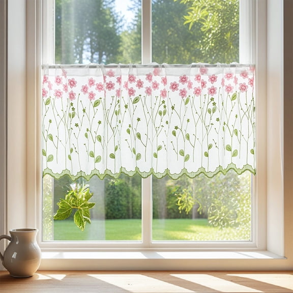 Btomtd Embroidered Gauze Short Curtains, 39 x 20 Inches, Semi Sheer Window Drapes for Living Room and Bedroom, Decorative Panels for Balcony and Dining Room, C