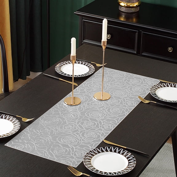 Btomtd European Table Runner with Hollowed Out Rose, Long Napkin and Table Flag, High Temperature Washable Table Cloth for Home Decor, 36"x13", Silver