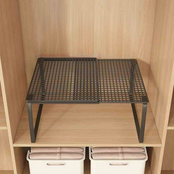 Btomtd Expandable Stackable Cabinet Organizer Shelf, Space Saving Storage Rack for Pantry and Office, Adjustable Shelving Unit for Multiple Rooms 15"W x 11"D x 9"H, Black