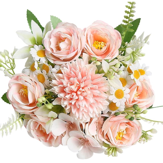 Btomtd Fake Flowers Silk Artificial Rose & Daisy, 11.8 Inch Bridal Decor & Wedding Valentine’s Bouquet for Home (Pink)