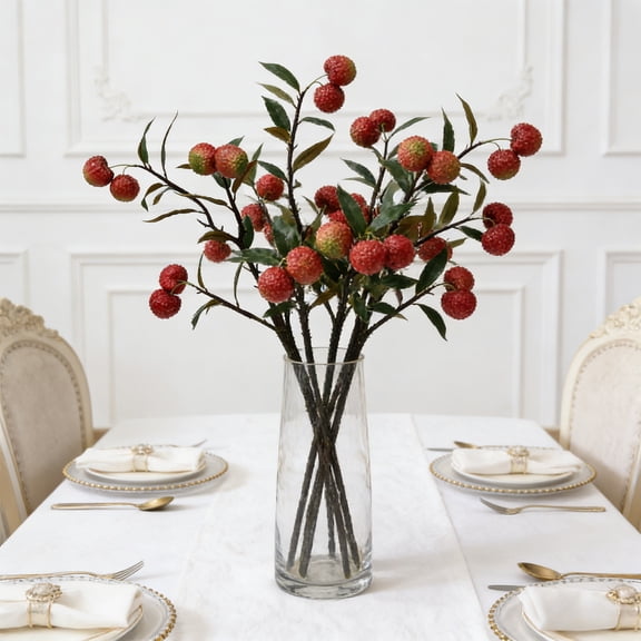 Btomtd Fake Lychee Fruit Branches, 27.5 Inch Simulation Greenery for Window Display, Artificial Plants for Wedding Home Decor (Red)