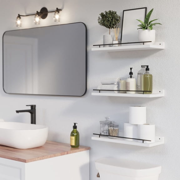 Btomtd Floating Wall Shelf and Storage Rack, Hanging Suspension Organizer for Partition Walls, Bathroom Kitchen and Living Room Shelving Unit 16"W x 6"D x 2"H, White