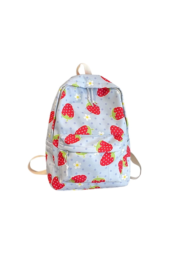 Floral Strawberry Pattern Backpack for Students Mini Lightweight Shoulder Bag Large Capacity Schoolbag, Blue