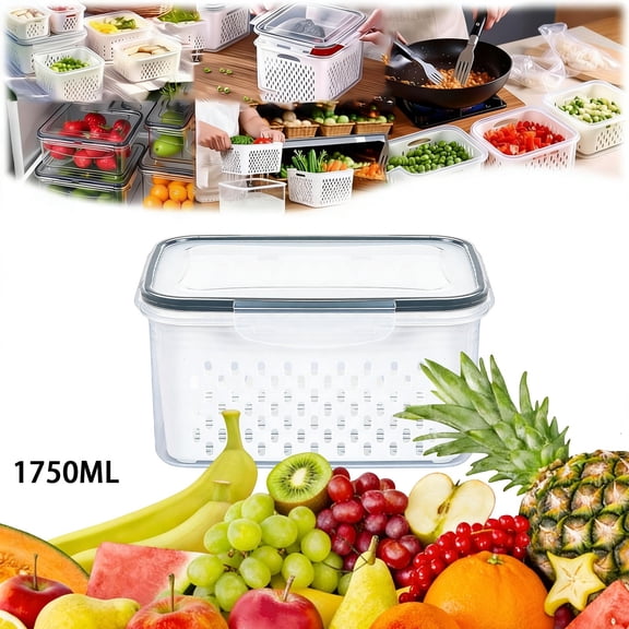 Btomtd Food Storage Container with Basket and Lid, 1750ml 4-in-1 Transparent Household Fridge Organizer Storage Box, 7"D x 5.3"W x 3.8"H (Gray)