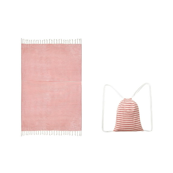 Btomtd Fringed Striped Cotton Beach Towel With Backpack 70.87x39.37 inch Large Size Quickly Drying Towel for Beach Swimming Surfing, Red