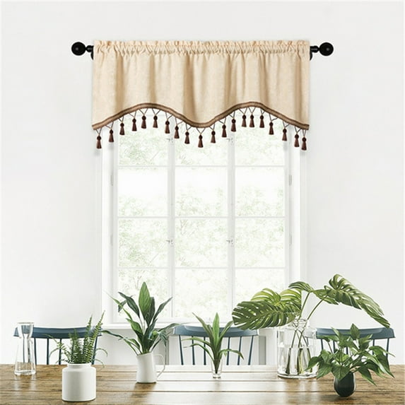 Btomtd Fringed Valance Curtains with Rod Pocket for Living Room and Kitchen Window Valances Short Panels for Household Decoration Valances for Windows - 59.05"x15.74", Beige