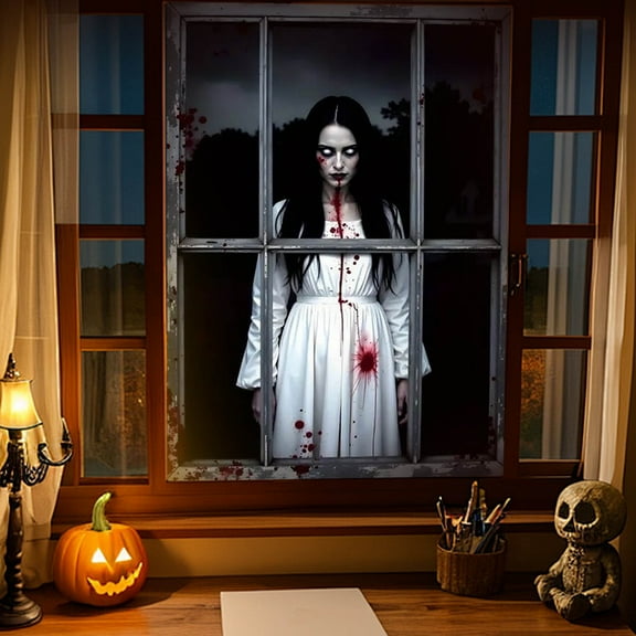 Btomtd Halloween Window Curtains with Ghost and Scary Figure Pattern, Hanging Door Curtain for Spooky Party Decoration, Themed Blackout Curtains for Halloween - 31.49"x47.24", A