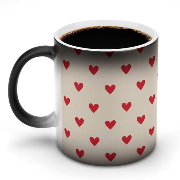 Btomtd Heart Pattern Color Changing Mug - 12oz Black Ceramic Heat Sensitive Coffee Cups, Temperature Activated Mug for Hot Cocoa and Tea Drinks, Black