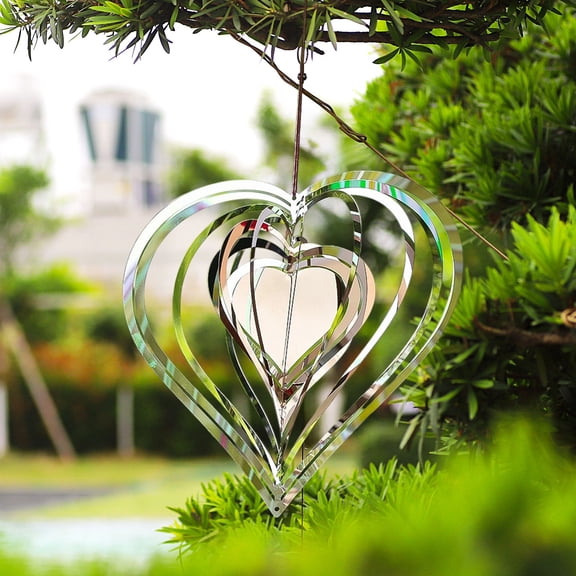 Btomtd Heart-Shape Metal Wind Chimes 4 Inch, Silver Spinning Heart Silent Outdoor Indoor Garden Hanging Decor Home Gift Wind Chimes, Silver