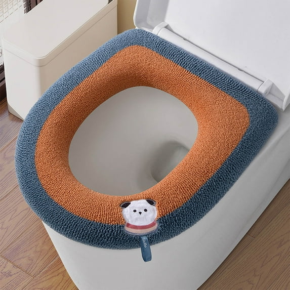 Btomtd Household Toilet Seat Cover Thickened with Handle, Winter Toilet Ring Washable Sets, Knitted Toilet Seat Covers for Daily Wear, Size 17"x15", Blue