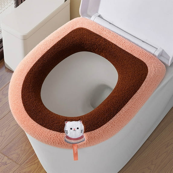 Btomtd Household Toilet Seat Cover Thickened with Handle, Winter Toilet Ring Washable Sets, Knitted Toilet Seat Covers for Daily Wear, Size 17"x15", Pink