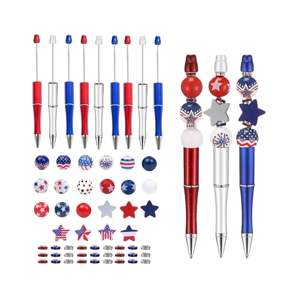 Btomtd Independence Day Beaded Pens 9 Count, Star Themed DIY Silicone Bead Pend Set, Office Stationery Holiday Gifts, Multicolor