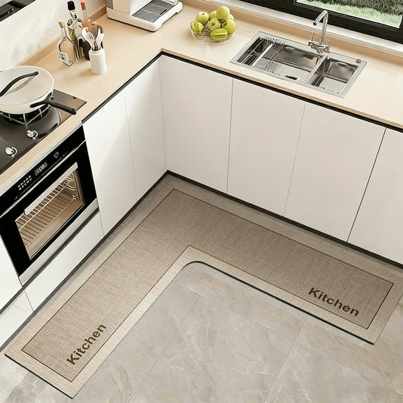 Btomtd L-Shaped Kitchen Mats for Floor Corner, Absorbent Non-Slip Kitchen Rugs and Washable Carpet, Mats for Cooking Area and Living Room, 47 x 30 x 18 Inches, Khaki
