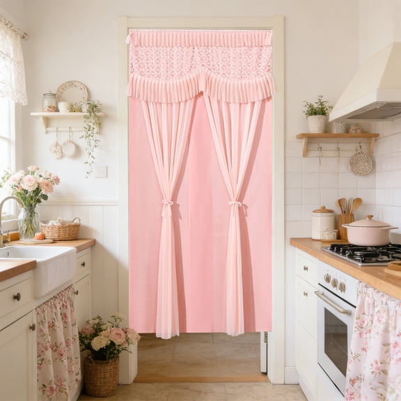Btomtd Lace Door Curtains and Room Dividers, 39 x 79 Inches Long, Punch-Free Installation Double Layer Semi Sheer Curtains, Window Panel for Kitchen and Bedroom, Pink-B