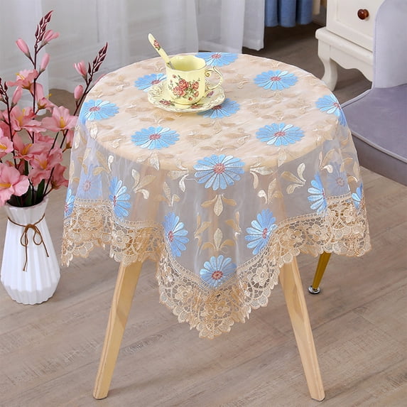 Btomtd Lace Embroidered Polyester Tablecloth, 33.5 Inch Gauze Floral Doily, Decorative Dust Cover for Round Dining Tea Coffee Table & Bedside, Blue
