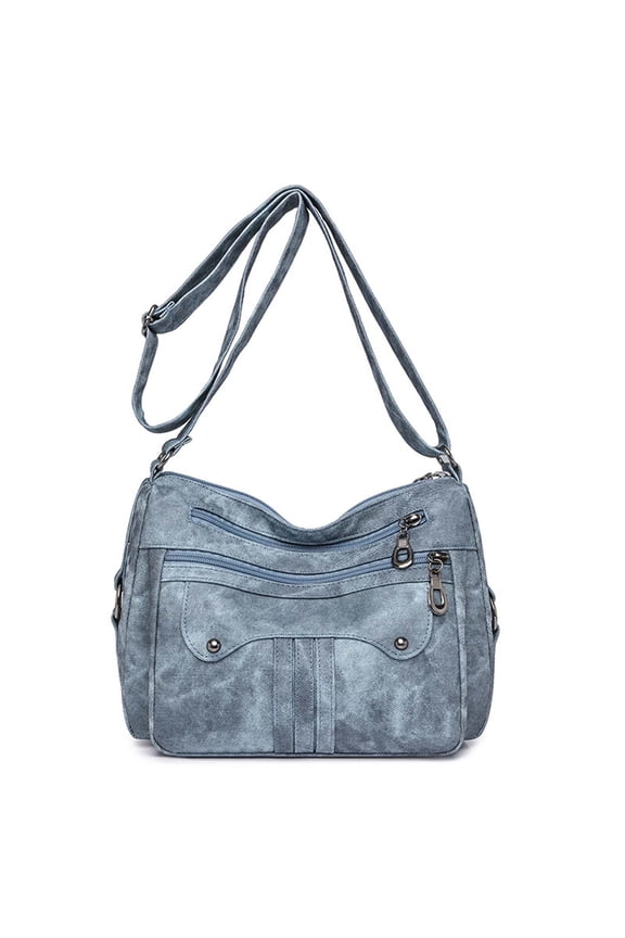 Large Capacity Shoulder Bag in Washed Leather, Casual Tote and Fashionable Carry-All Bag, Spacious Handbag and Crossbody Bag with Organization, Blue