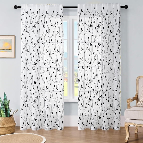 Btomtd Leaf Embroidered Translucent Curtains, 54 x 63 Inches Long, 1 Panel, Decorative Drapes for Bedroom, Panel Window Blackout Curtains for Living Room, Black
