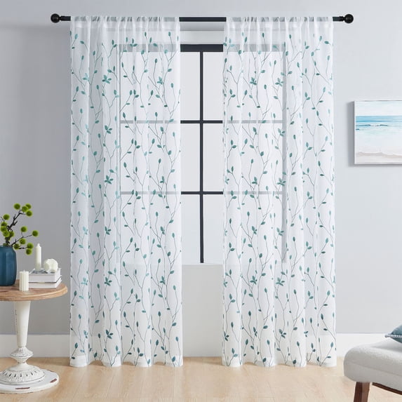 Btomtd Leaf Embroidered Translucent Curtains, 54 x 63 Inches Long, 1 Panel, Decorative Drapes for Bedroom, Panel Window Blackout Curtains for Living Room, Blue