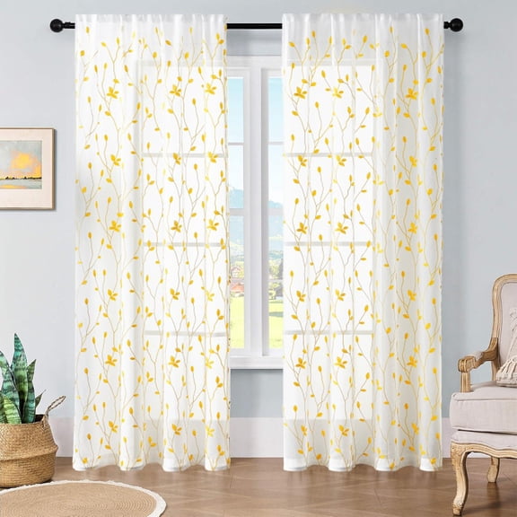 Btomtd Leaf Embroidered Translucent Curtains, 54 x 63 Inches Long, 1 Panel, Decorative Drapes for Bedroom, Panel Window Blackout Curtains for Living Room, Yellow