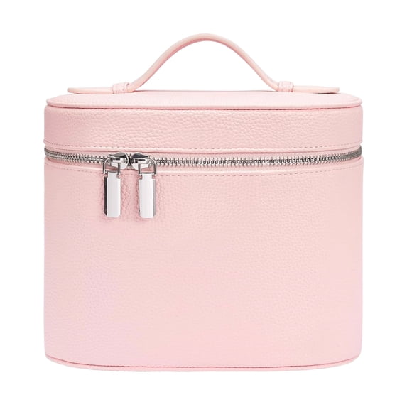 Btomtd Leather Makeup Bag, Portable Handheld Cosmetic Case with Detachable Compartments, Pink