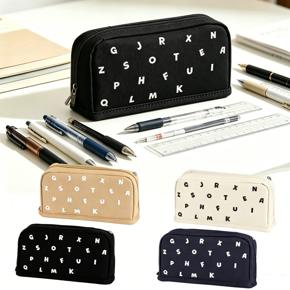 Btomtd Letter Pattern Pencil Case, Large Capacity Pencil Pouch, Multifunctional Pen Bag for Student Office Stationery, Black
