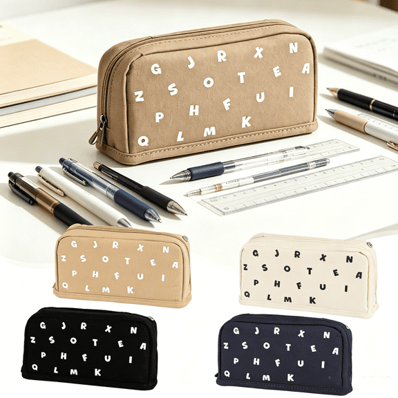 Btomtd Letter Pattern Pencil Case, Large Capacity Pencil Pouch, Multifunctional Pen Bag for Student Office Stationery, Khaki