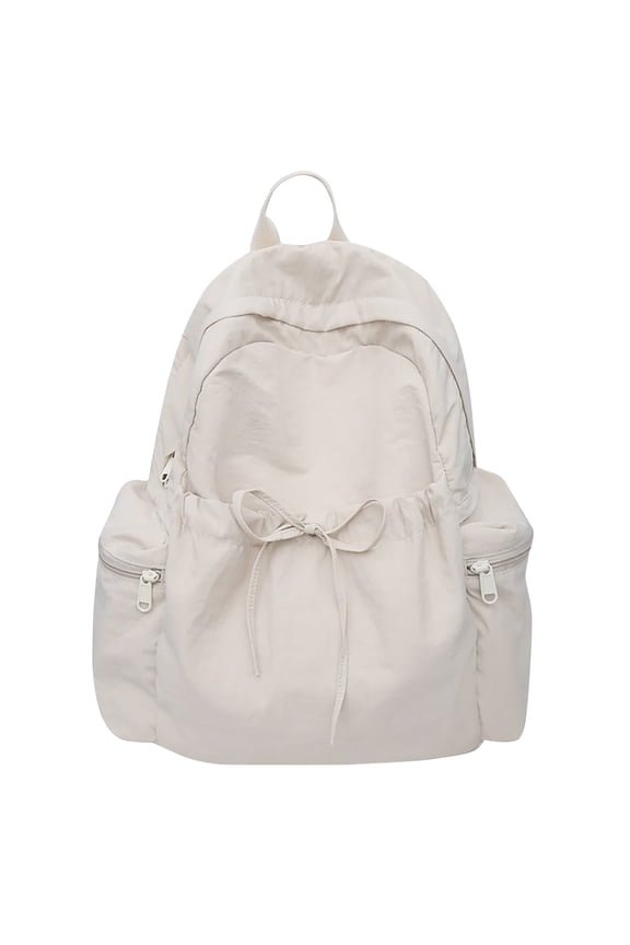 Lightweight Nylon Drawstring Backpack, Solid Color Sports Travel Backpack with Bow, Casual Style Daypacks for Student, White