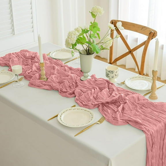 Btomtd Long Sheer Crepe Table Runner Decoration, Wedding and Birthday Party Table Cloth for Dining, Dusty Color Table Runners for Events, 157"x35", Hot Pink