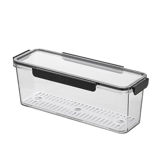 Btomtd Long Strip Food Grade Storage Box Refrigerator Organizer Storage Container with Drainage Shelf System, Clear-L