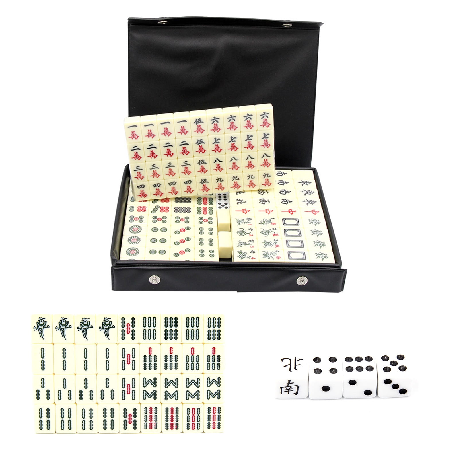 Btomtd Mini Carved Mahjong Set, 138 2cm/0.8" Tiles & 3 Dices, Leather Travel Box, Entertainment Game, Portable Mahjong Tile Set (Beige)