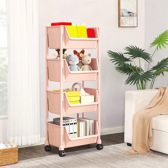 Btomtd Mobile Under-Desk Storage Cart, Floor Standing 4-Tier Bookcase Shelf with Wheels, Student Dorm Desk Organizer Rack 14"W x 10"D x 41"H, Pink