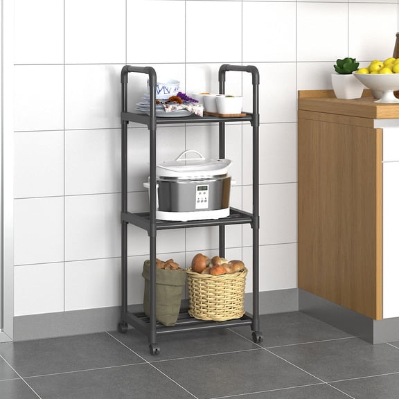 Btomtd Movable Kitchen 3-Tier Storage Rack with Wheel, Microwave and Cookware Organizer Shelf, Heavy Duty Iron Shelving Unit for Pantry and Countertop 17"W x 13"D x 41"H, Black