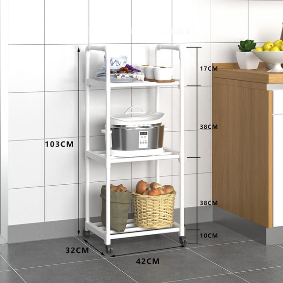 Btomtd Movable Kitchen 3-Tier Storage Rack with Wheel, Microwave and Cookware Organizer Shelf, Heavy Duty Iron Shelving Unit for Pantry and Countertop 17"W x 13"D x 41"H, White