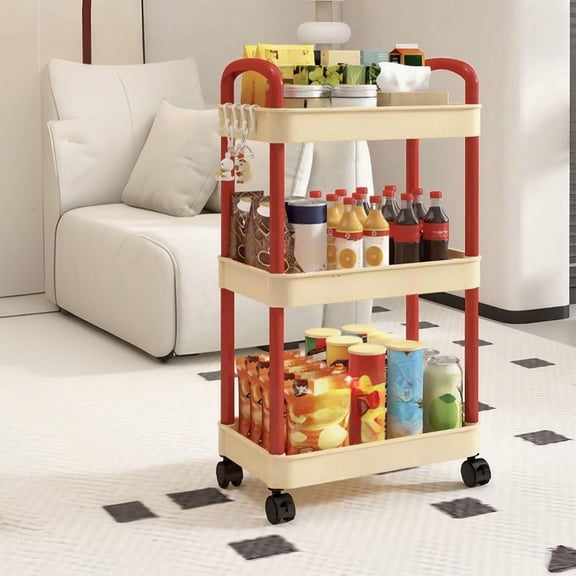 Btomtd Multi-Tier Black Kitchen Cart with Armrests, Mobile Storage Rack for Bathroom Toiletries, Multifunctional Organizer Cart Shelf for Home 14"W x 9"D x 27"H, 3-Tier, Red